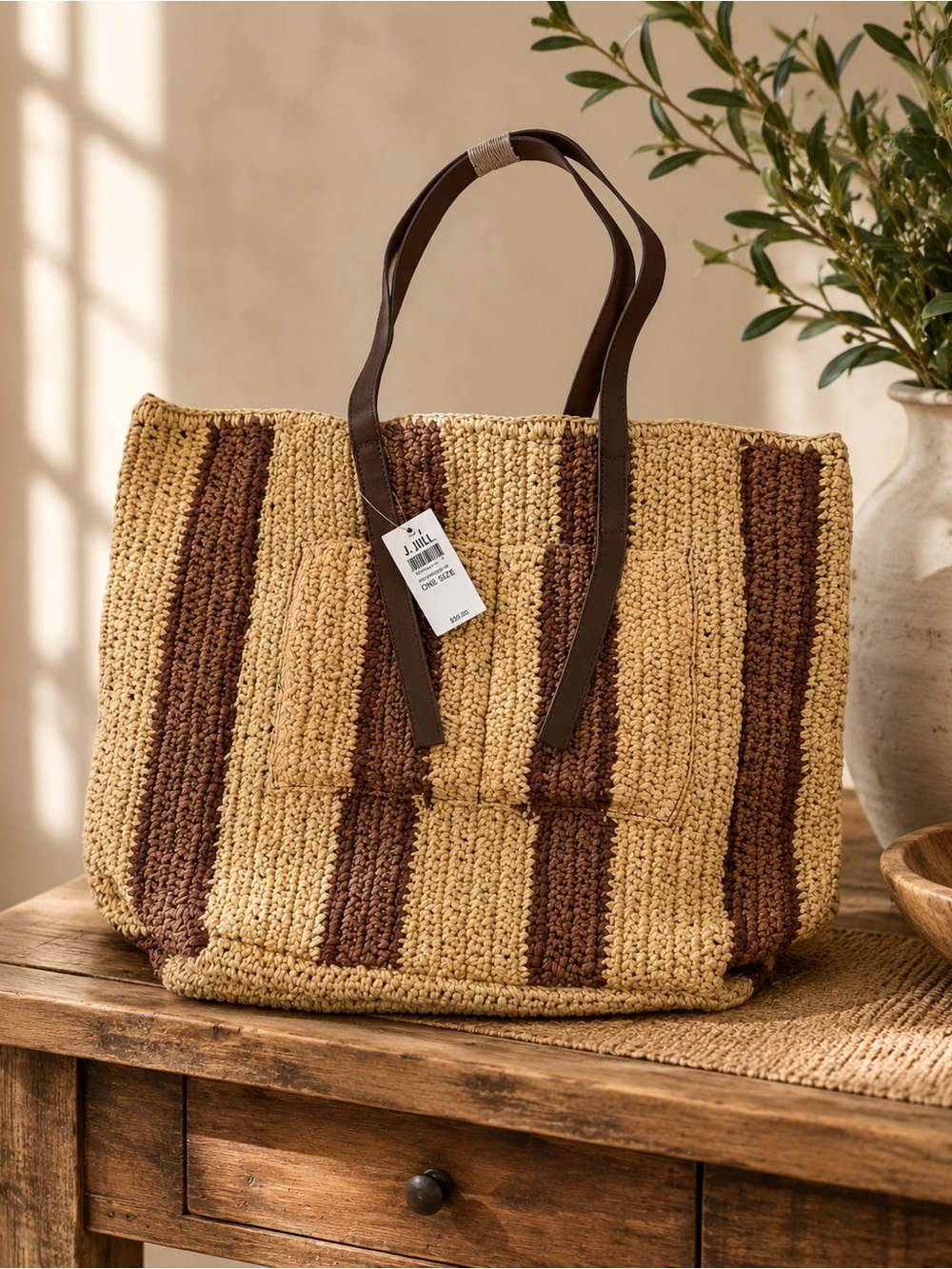 J. Jill Natural and Brown Striped Woven Tote